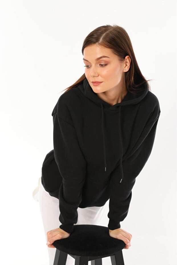 Kadın Kapüşonlu Siyah Basic Oversize Sweatshirt Günlük Rahat