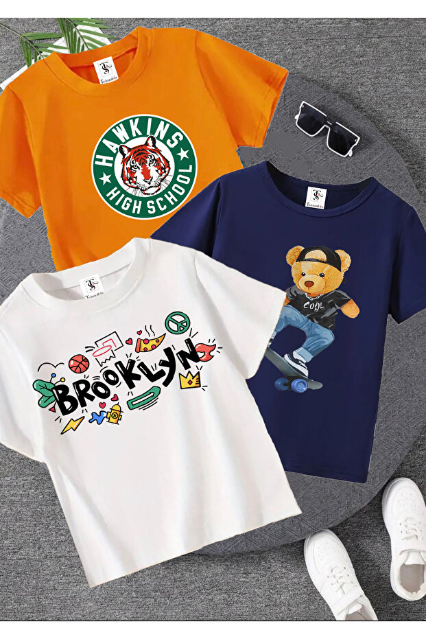 Teddy Printed 3 Pack Unisex Orange-Navy-White Kids T-Shirt