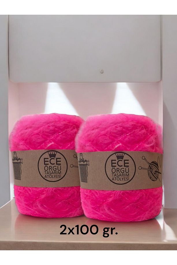 Fluo neon pembe bol tüylü moher yün örgü ipi - 1