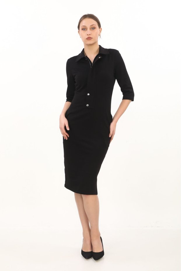 Zippered Pocket Button Detailed Slit Midi Dress 7095