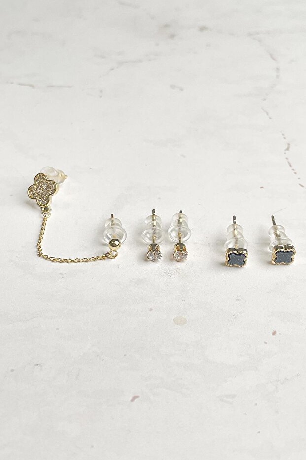 Yonca Figürlü Minimal Üçlü Küpe Seti - 2