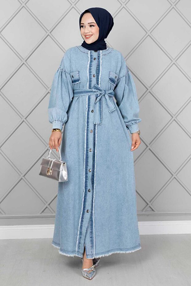 Light Blue Denim Hijab Dress with Tassel Detail