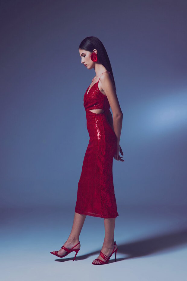 Dekolteli Payet Elbise - Kırmızı - 4