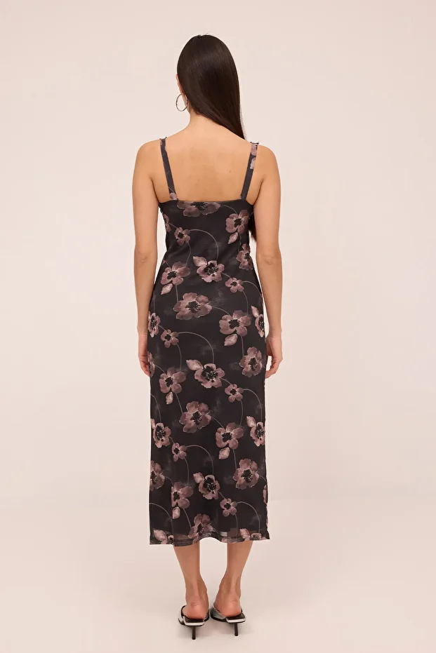 Çiçek Desenli Tül Midi Elbise E17009 - 4