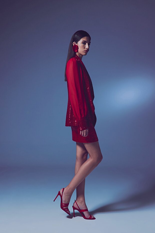 سترة شيفون بأكمام ترتر - أحمر - 5