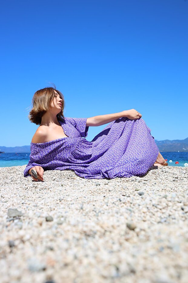 Mor Çiçekli Önü Düğmeli Elbise - 5