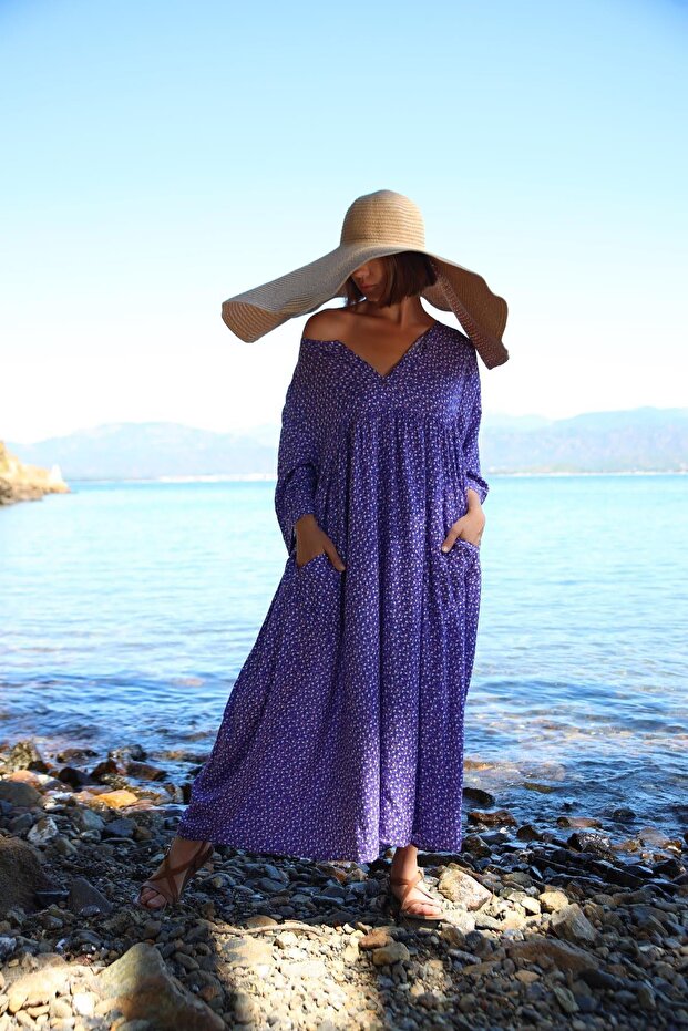 Mor Çiçekli Önü Düğmeli Elbise - 3