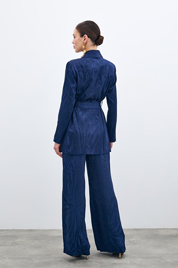 Jachetă lungă cu curea - bleumarin - 5