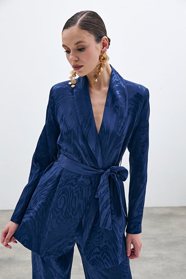 Jachetă lungă cu curea - bleumarin - 3