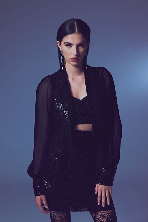 سترة شيفون بأكمام ترتر - أسود - 4