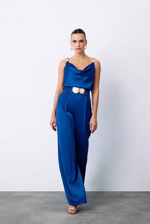 Casual Crepe Satin Trousers - Sax Blue
