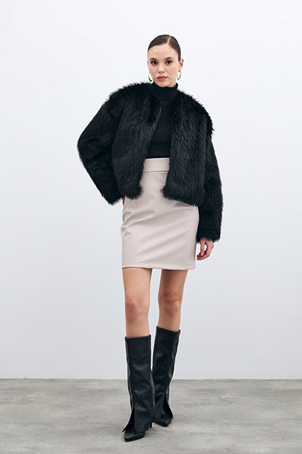 Şardonlu Deri Etek - Taş - 3