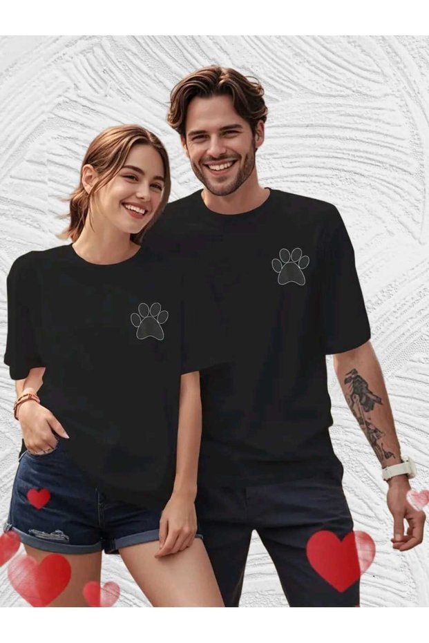 2-Piece Couple Combination Cute Paw Print T-Shirt Unisex Loose Oversize Boyfriend Style