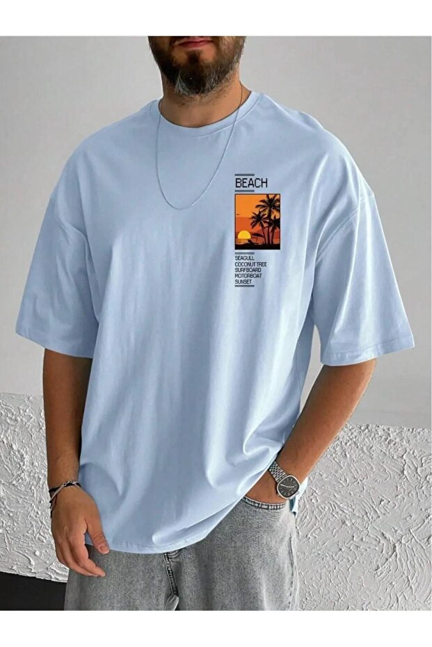Men's Baby Blue Beach Printed Oversize Tshirt