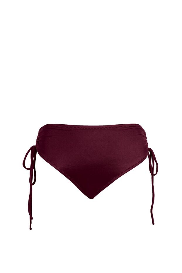 Women's High Waist Side Drawstring Burgundy Bikini Bottom