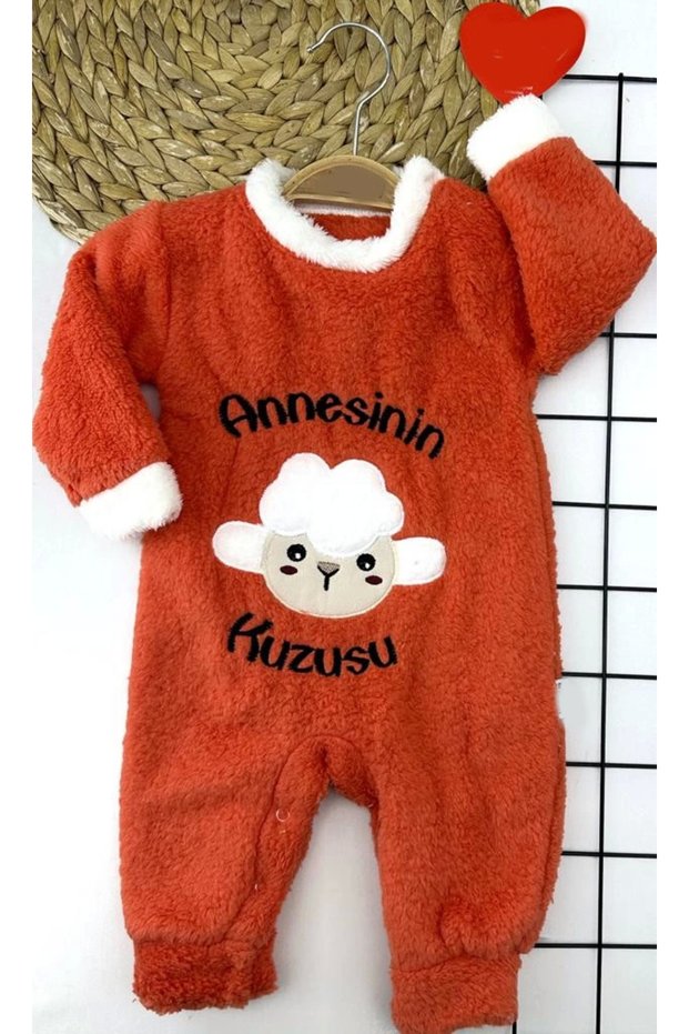 3-6-9-12 Months Lamb Feather Fabric Mother's Lamb Embroidered Baby Girl and Boy Jumpsuit Orange