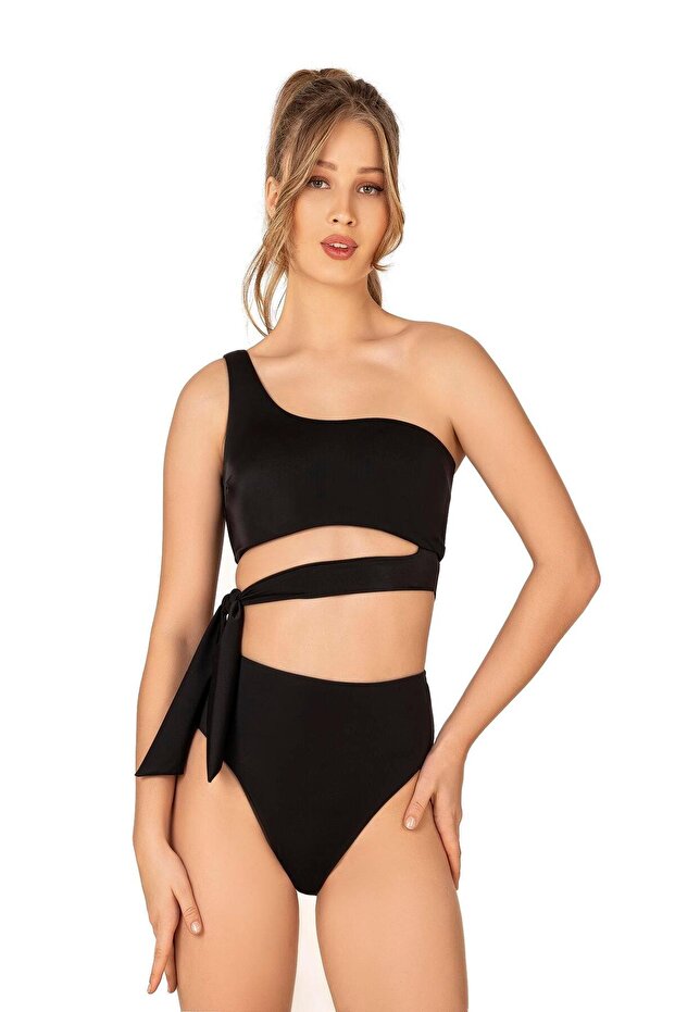 Women's High-Waist Black Bikini Set with Side Tie Detail