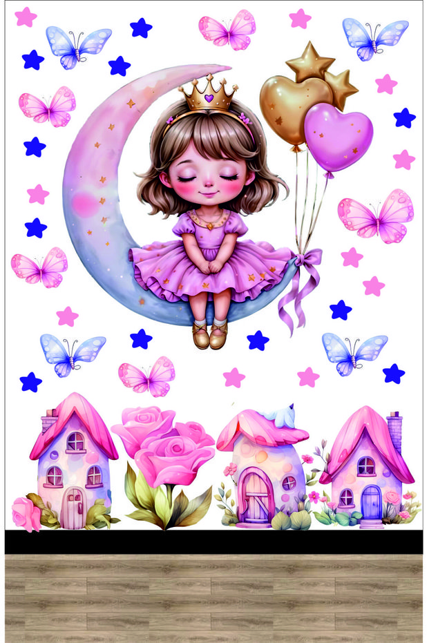 Cute Girl Sitting on the Moon Children's Room Door Set 100X30 cm