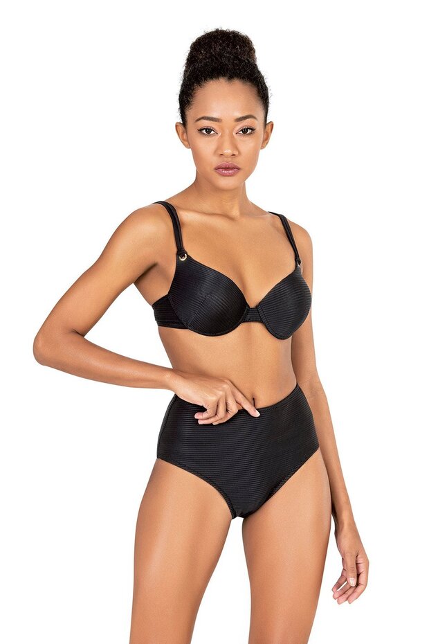 Women's Underwire Textured Black High Waist Bikini Set