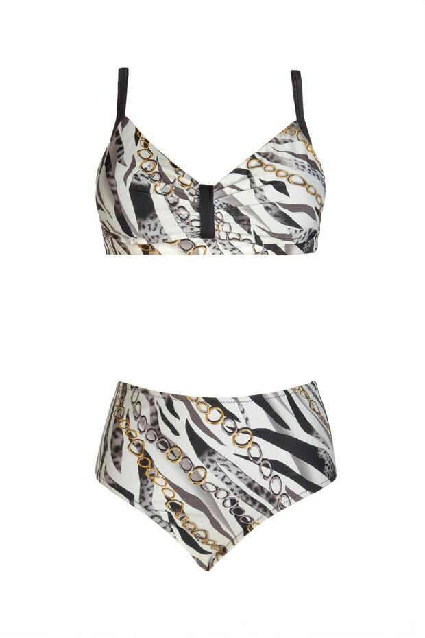 Black and White Patterned Women's Bikini Set with High Waist Support