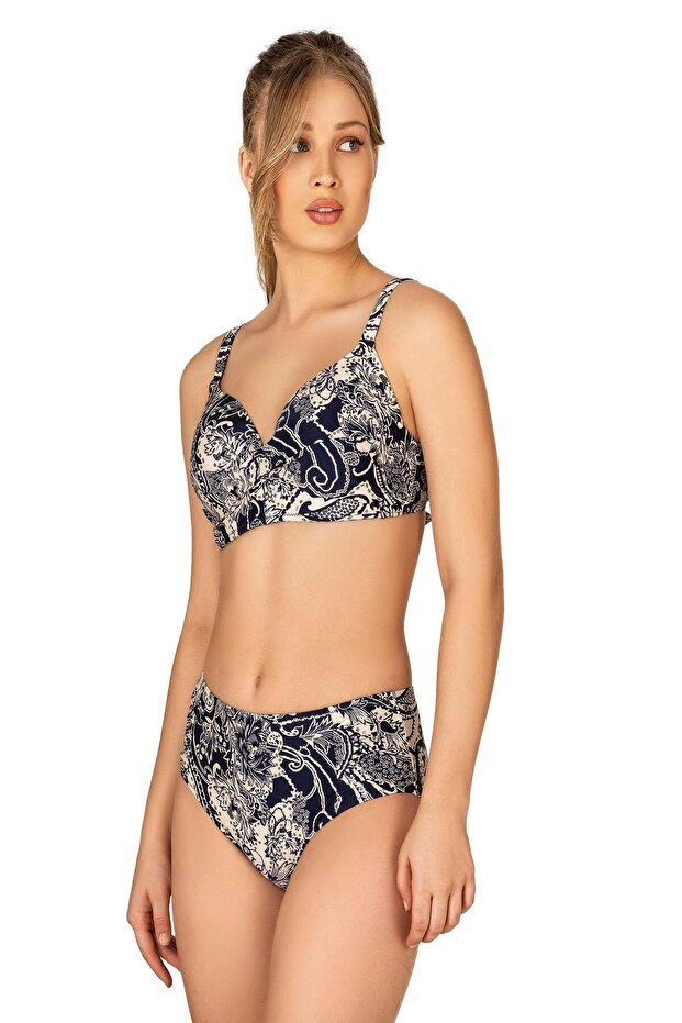 Women's Plus Size Supported Gather Detailed Shawl Patterned Bikini Set