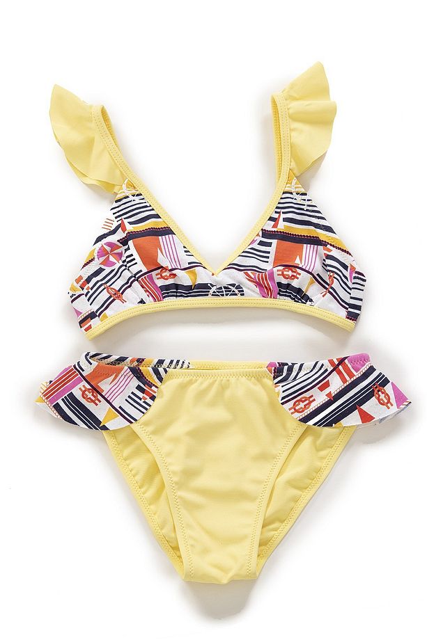 Kız Çocuk Desenli Volanlı Açık Sarı Bikini Takımı - 1