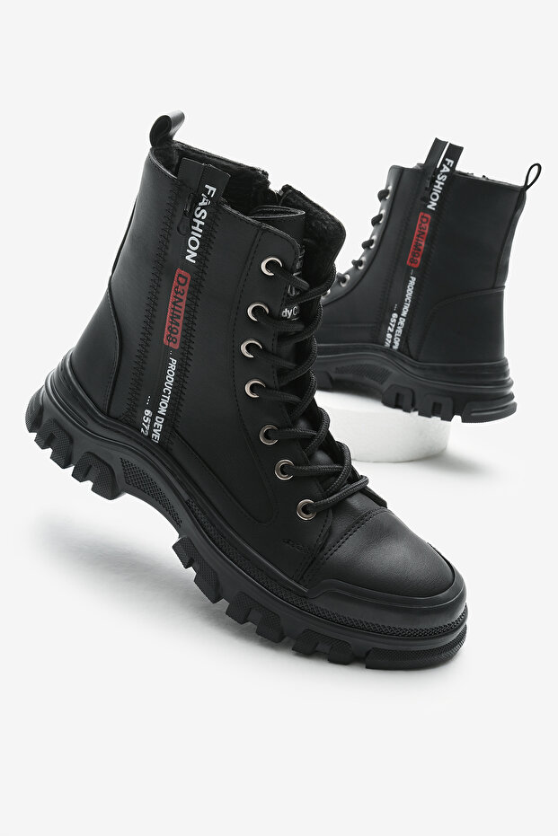 Women's Black Leather Thermo Sole Side Stripe Lettering Lace up and Zippered Boots