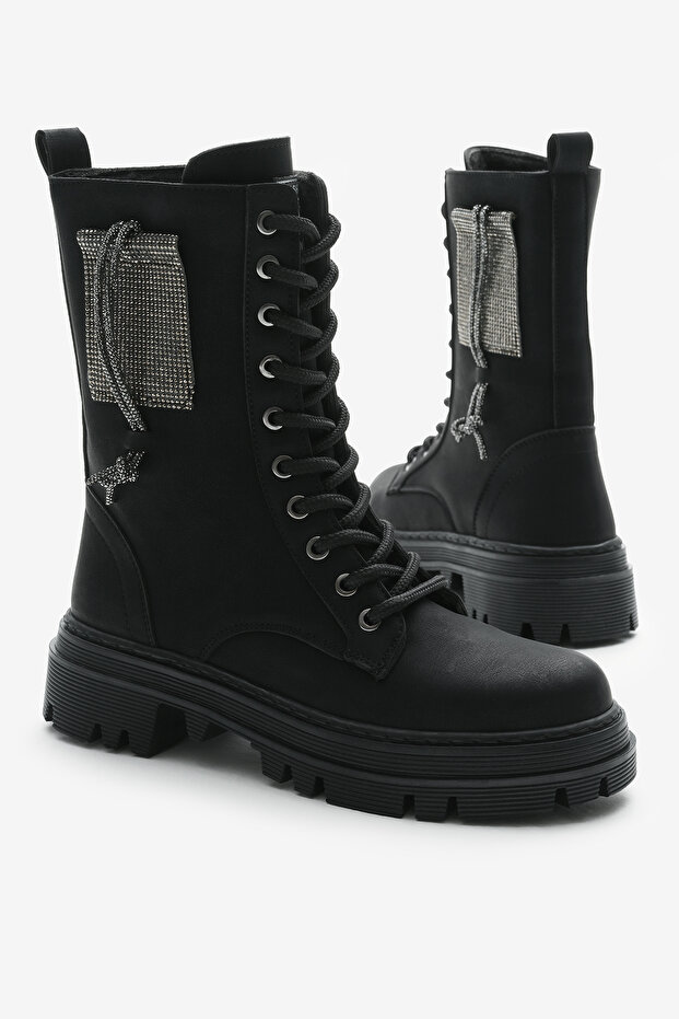 Női fekete matt termotalp kővel az oldalán, fűzős és cipzáras csizma - 3