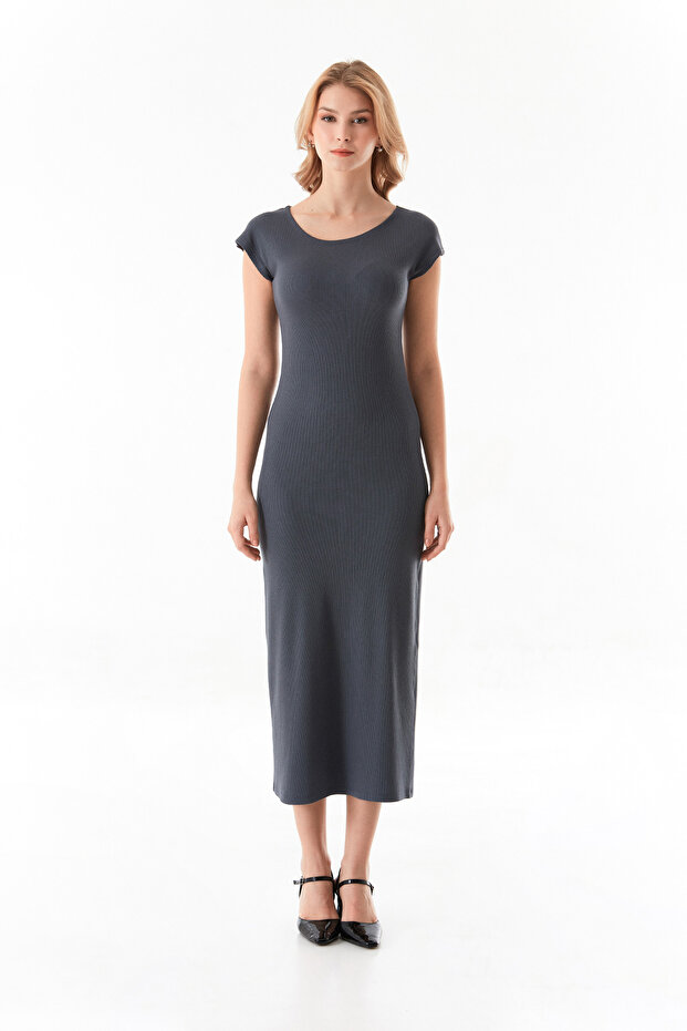 Basic Ribanalı Yırtmaçlı Elbise - 8