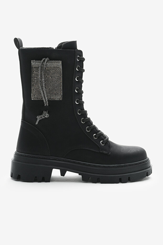 Női fekete matt termotalp kővel az oldalán, fűzős és cipzáras csizma - 2