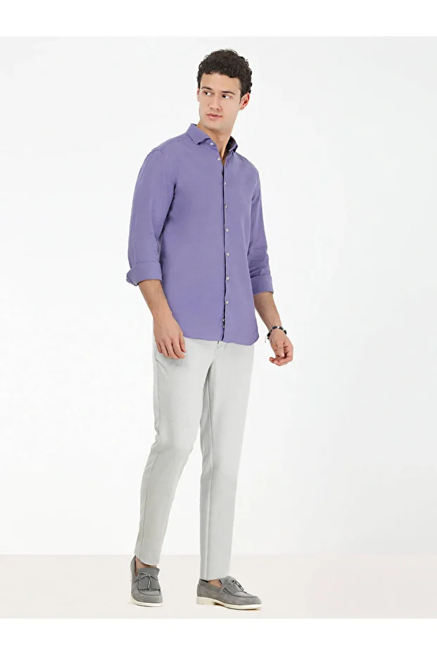 Mor Düz Regular Fit Dokuma Casual Pamuk Karışımlı Gömlek - 3