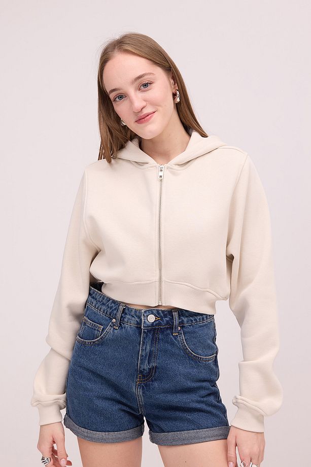 Şardonlu Kapüşonlu Crop Sweatshirt H1526-İ9 - 3