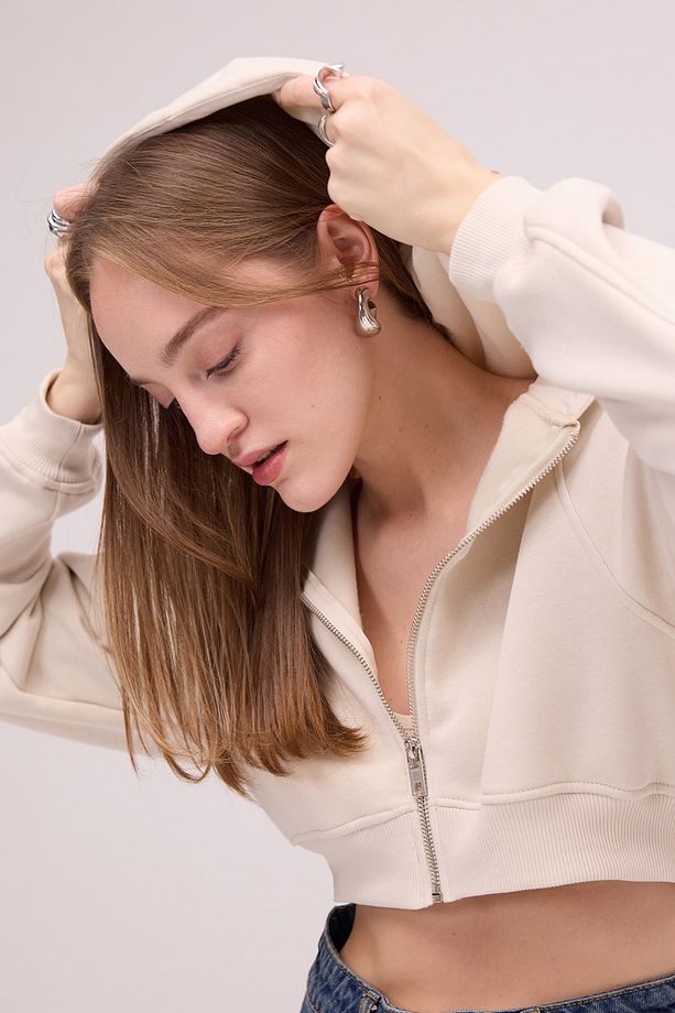 Şardonlu Kapüşonlu Crop Sweatshirt H1526-İ9 - 2
