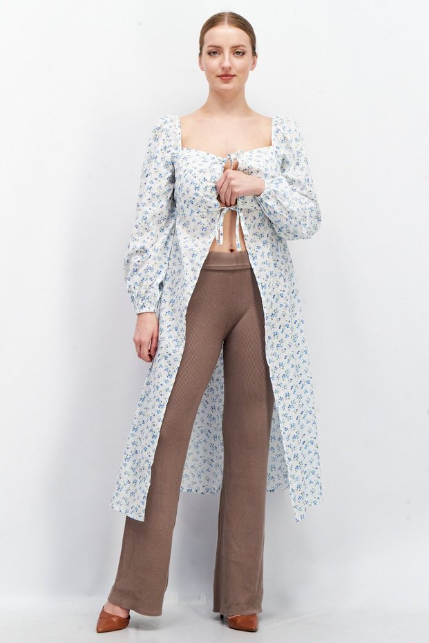 Women Tie Neck Balloon Sleeve Allover Print Maxi Blouse, White Combo