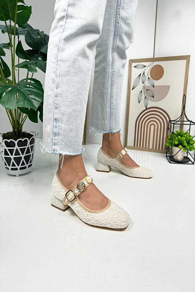 Daily White Ballet Flats Pearl Banded Heels Adjustable Buckle Oval Toe Lightweight Comfortable Shoes 381
