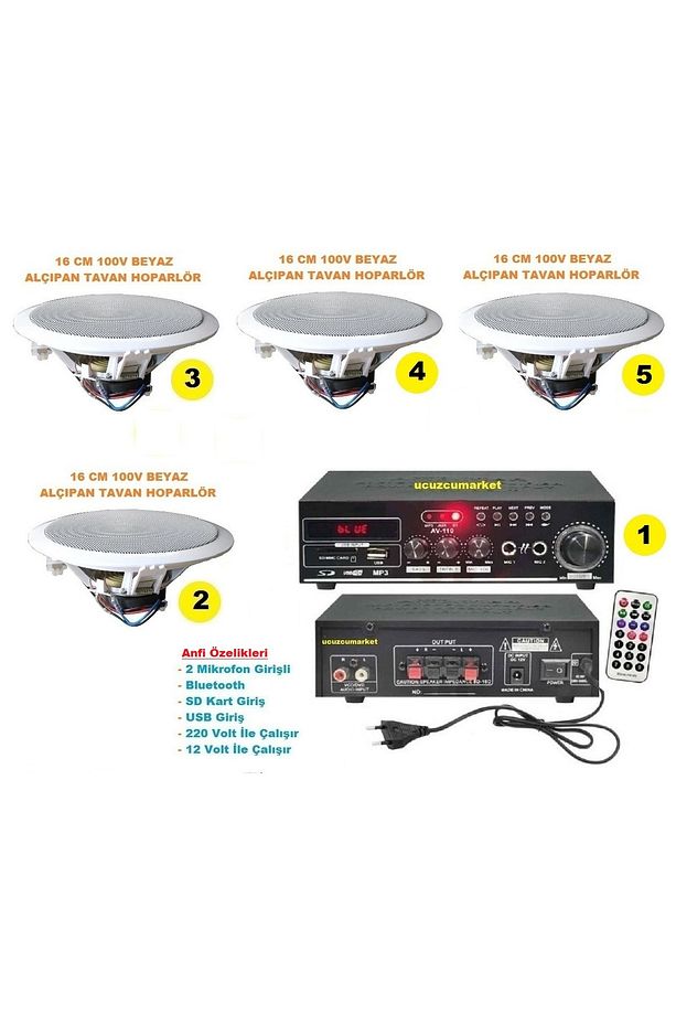 Tavan Hoparlör Seti (1 Adet Anfi + 4 Adet 100V 16 cm Tavan Hoparlör) - 1