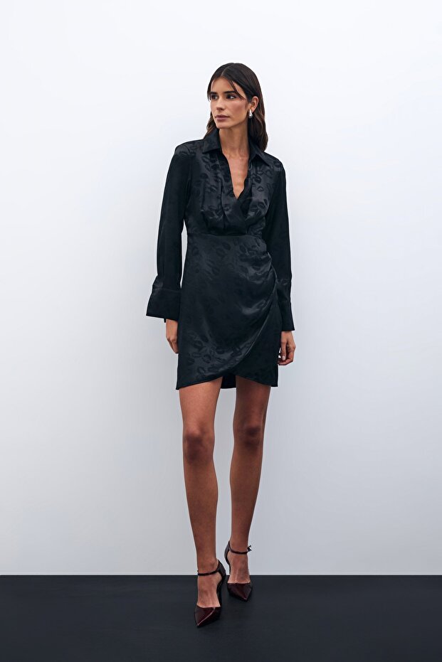 فستان منقوش بصف أزرار واحد - أسود - 1