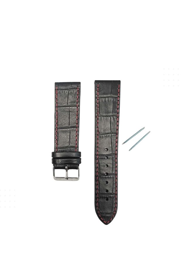 Rc3004R Records Leather Strap -Black-Red Stitch - 20mm