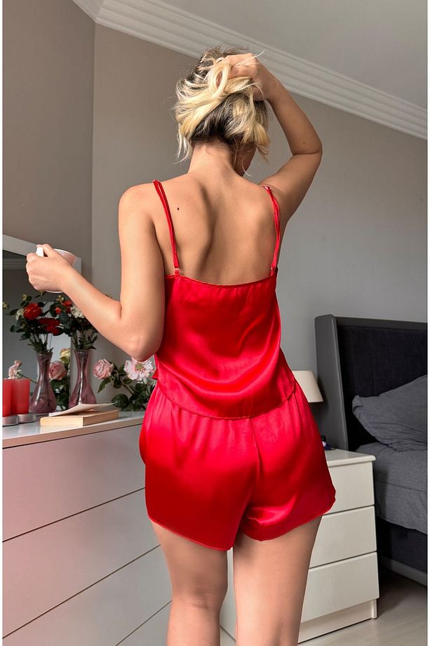 Ivorie Kırmızı Saten Şortlu Pijama Takım - 1