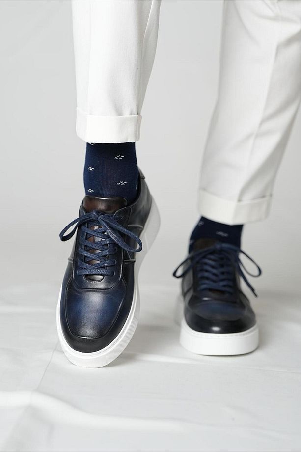 Eddy model Model Hakiki Deri El Yapımı Erkek Lacivert Sneakers Ayakkabı - 7