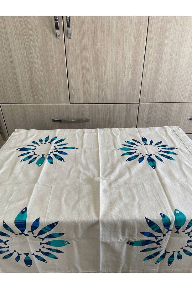 Fiskos Örtüsü El Baskı Kare Masa Örtüsü Masa Runneri Balık Desen - 3