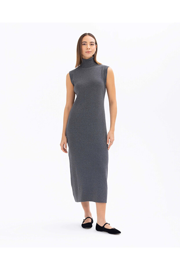 Balıkçı Yaka Kolsuz Basic Triko Elbise - 5