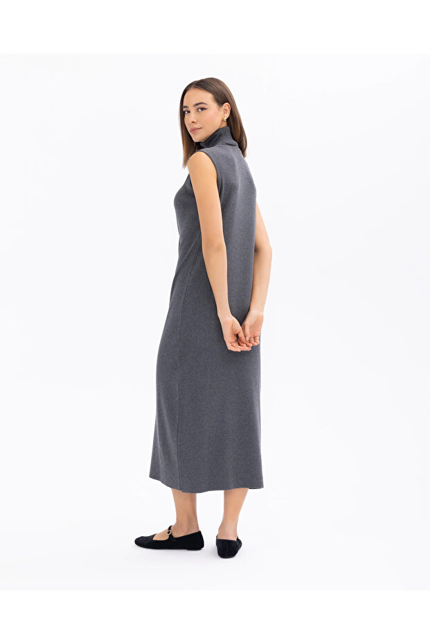 Balıkçı Yaka Kolsuz Basic Triko Elbise - 7