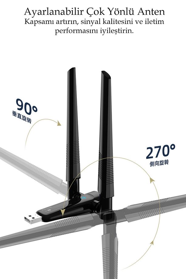 Çift Antenli AX1800 Mbps Wifi6 Çift Antenli Yüksek Kazançlı Kablosuz USB Adaptörü - 3