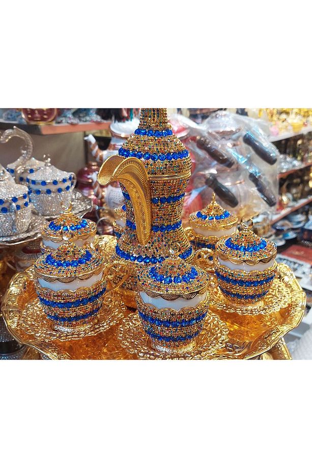 El Yapımı Mavi Taşlı Gold Neskafe Kahve Takımı ve Semaver - 5