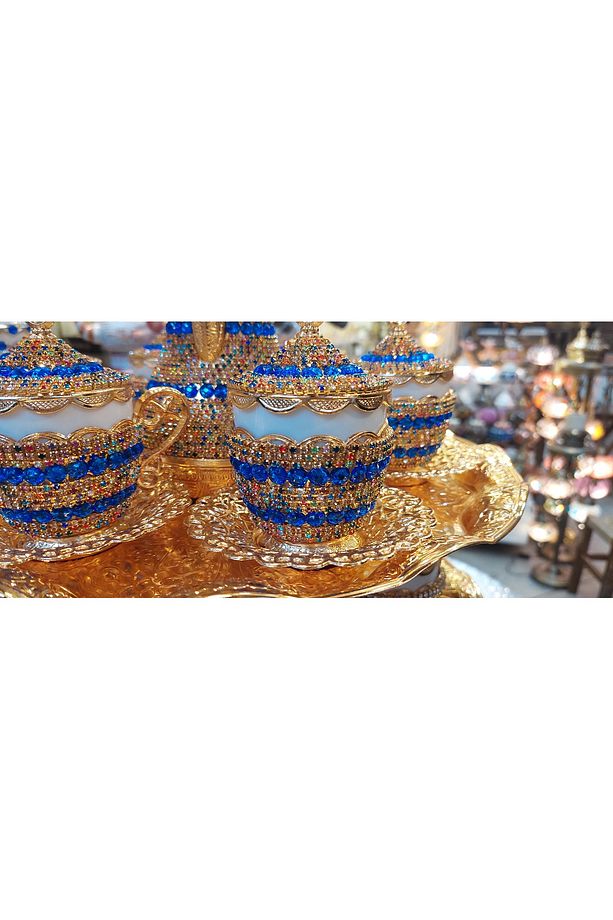 El Yapımı Mavi Taşlı Gold Neskafe Kahve Takımı ve Semaver - 3