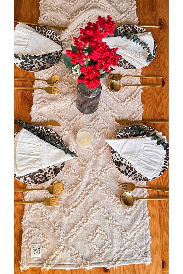 Punch Embroidered Runner 40X110 cm Washable Tableware, Table, Living Room, Kitchen, Placemat Care Beige