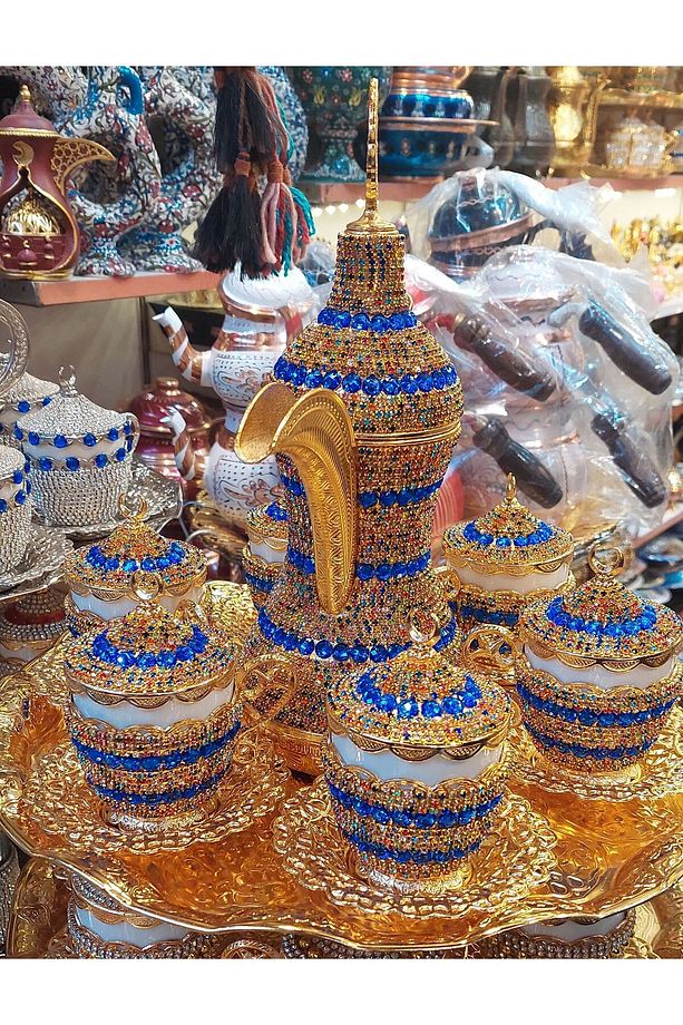 El Yapımı Mavi Taşlı Gold Neskafe Kahve Takımı ve Semaver - 8