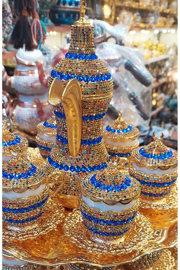 El Yapımı Mavi Taşlı Gold Neskafe Kahve Takımı ve Semaver - 6