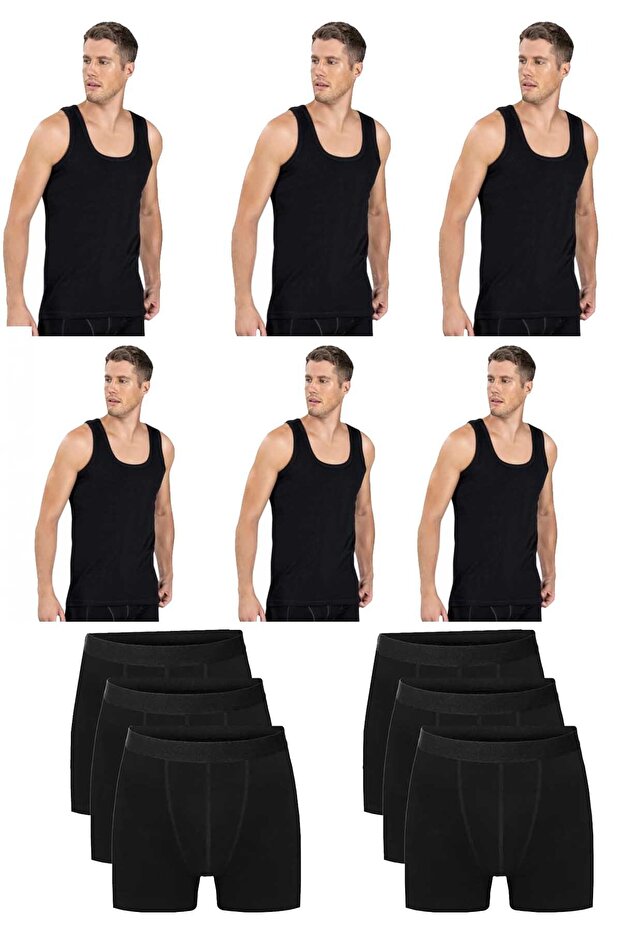 Men's Cotton 6-Piece Black Undershirt and 6-Piece Black Boxer 12-Piece Set